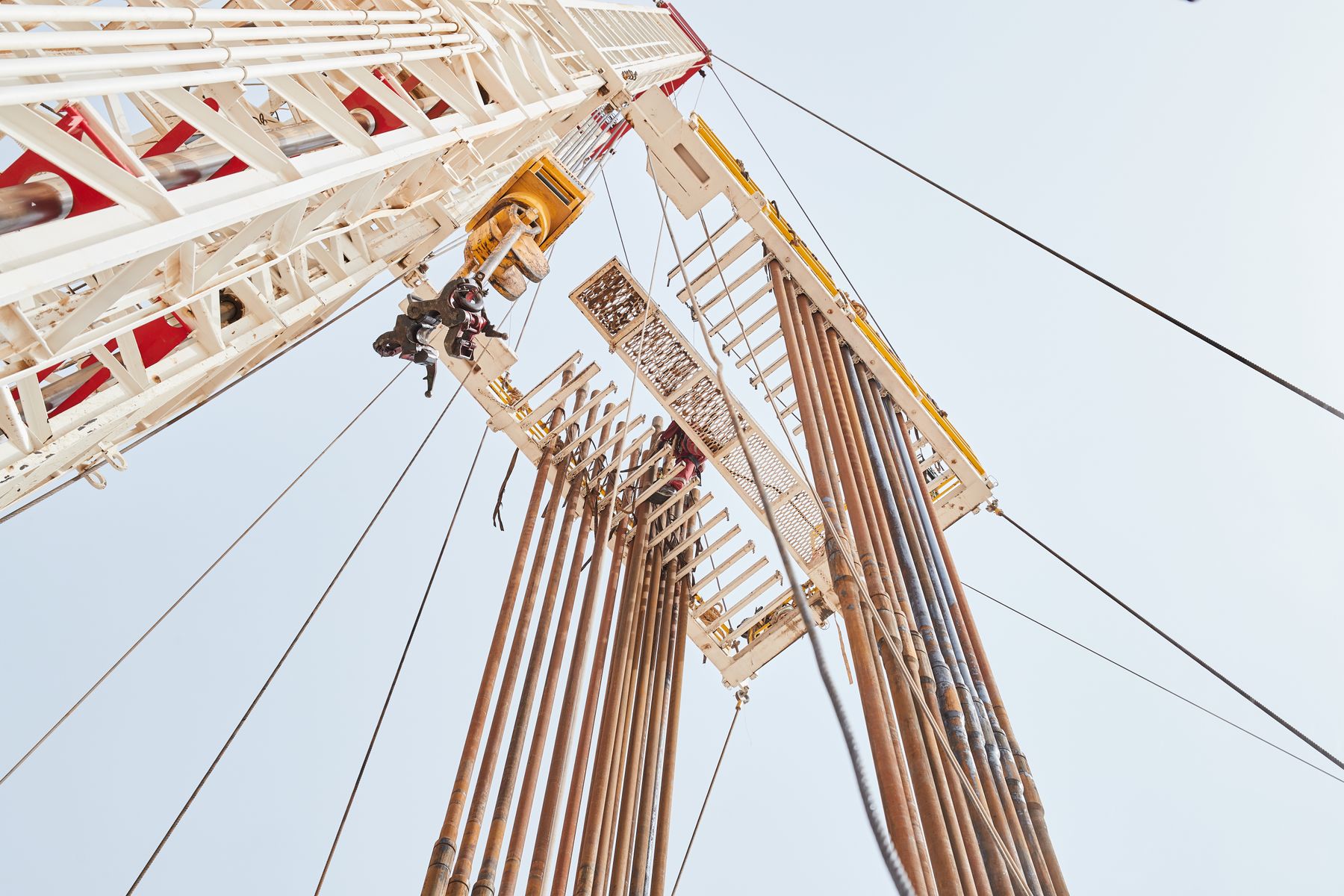 Low-angle view of a land drilling rig structure